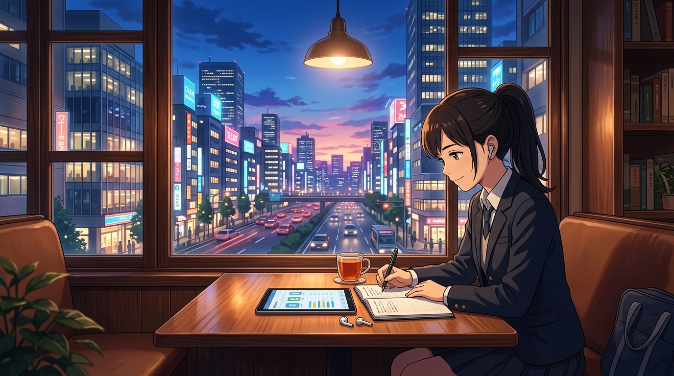 夕暮れの予備校ビル街を背景にカフェでタブレット学習する高校生のイメージ