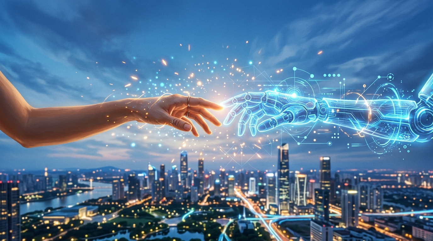 AIテクノロジーと人間が調和して手を取り合う未来の情景