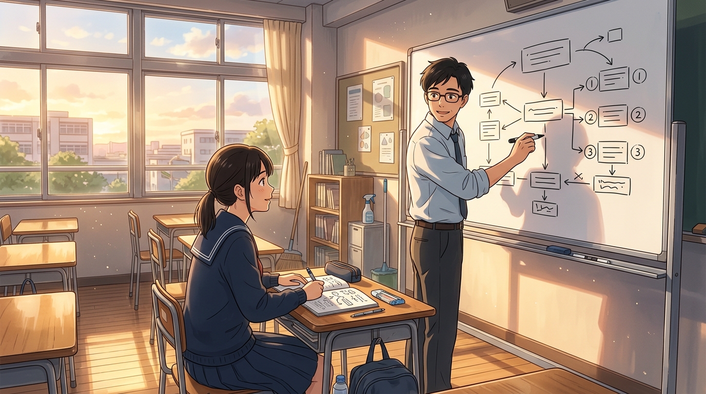 放課後の明るい教室で先生から論理的な要約指導を受ける高校生