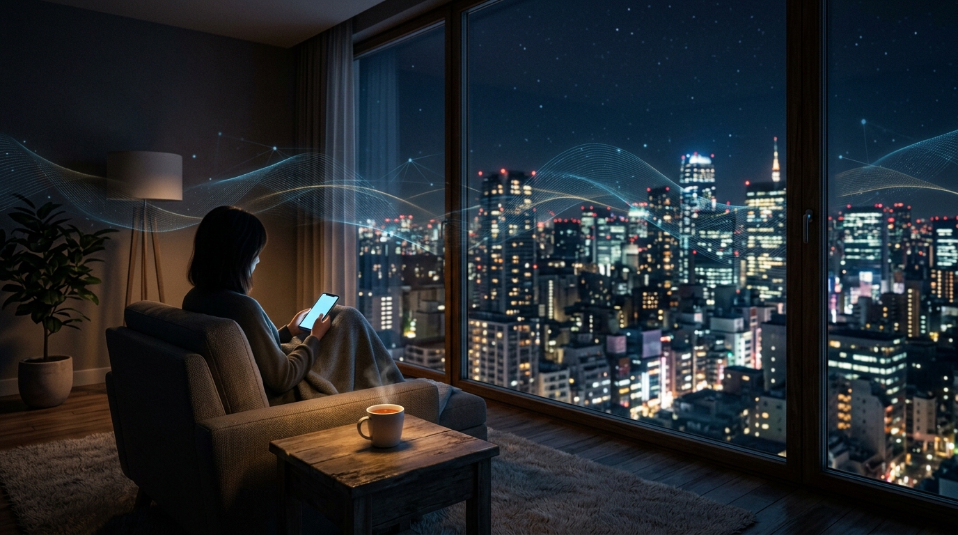 夜の都会の摩天楼と静かな部屋でスマホを見つめる女性の情景