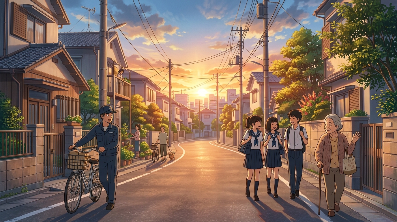 夕暮れの温かい光に包まれた住宅街で学生や労働者や高齢者が穏やかに暮らす安心の街並み