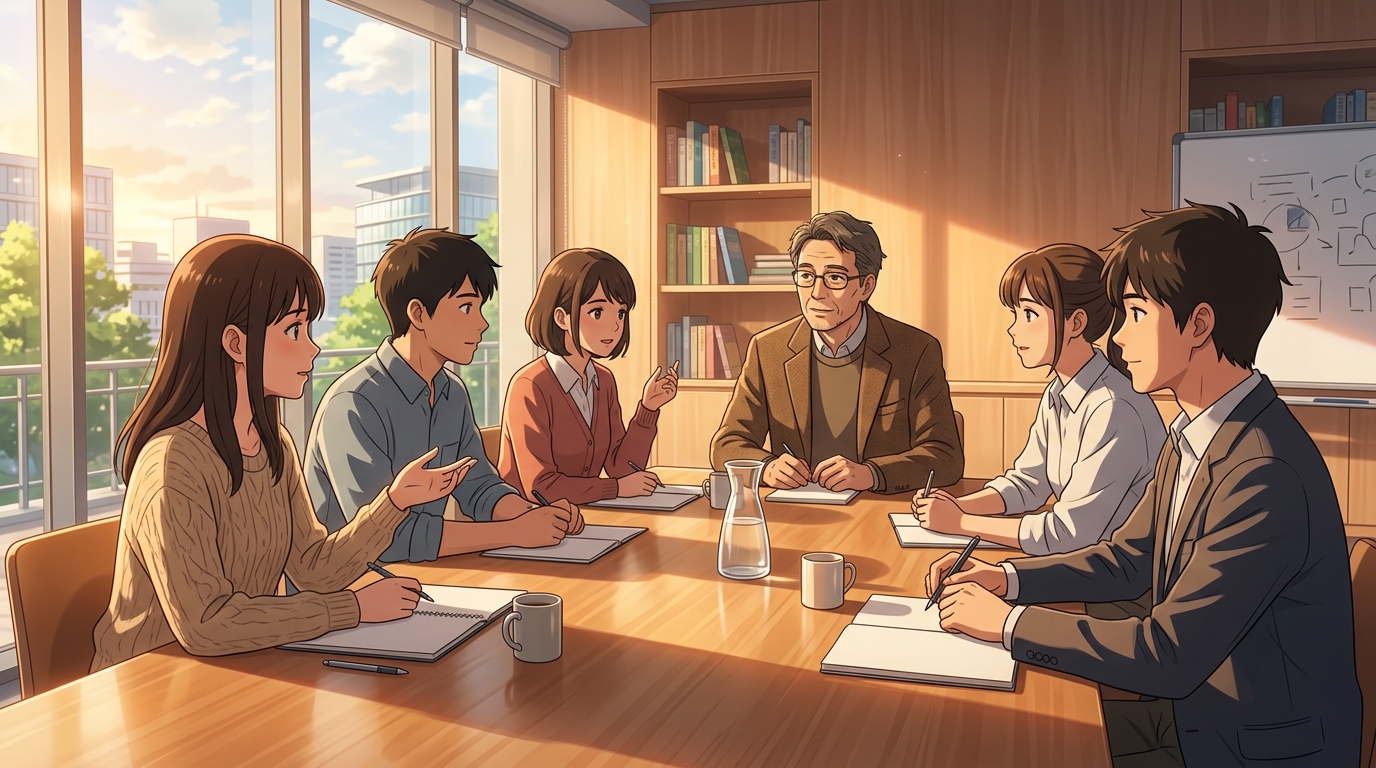 ゼミ形式の落ち着いた部屋で学生たちと指導者が財政や社会保障の課題について冷静に対話する様子