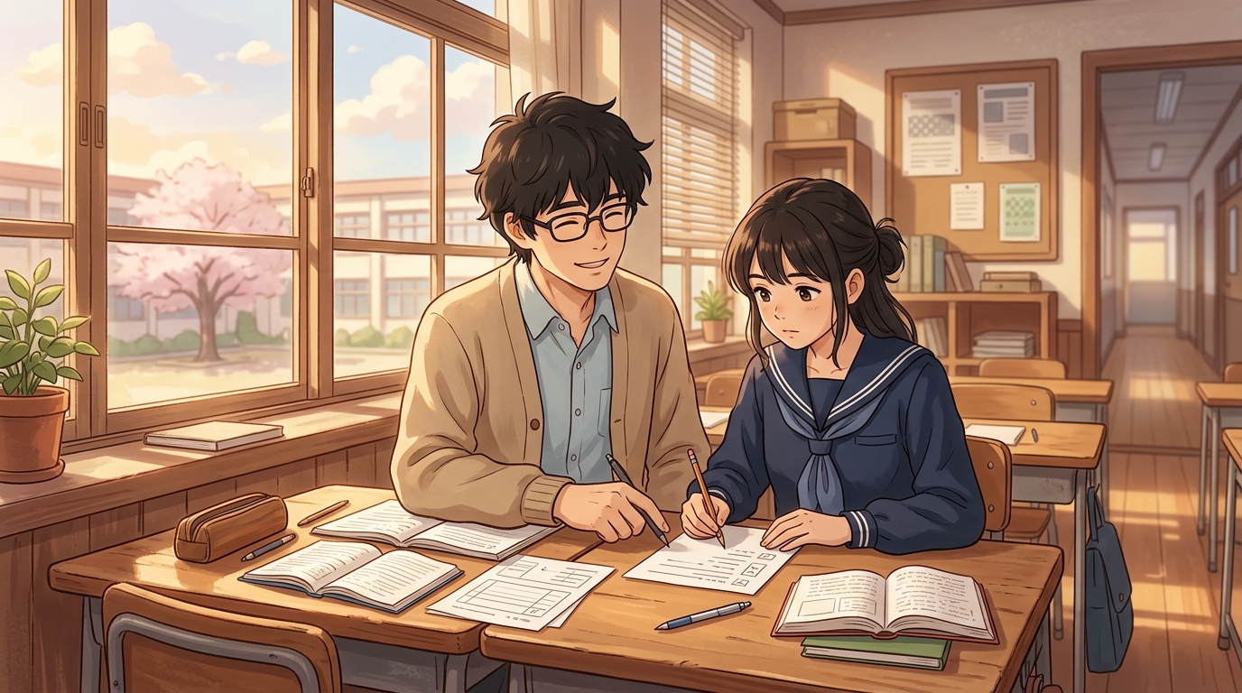 教室で課題文型小論文の指導を受ける生徒のイラスト