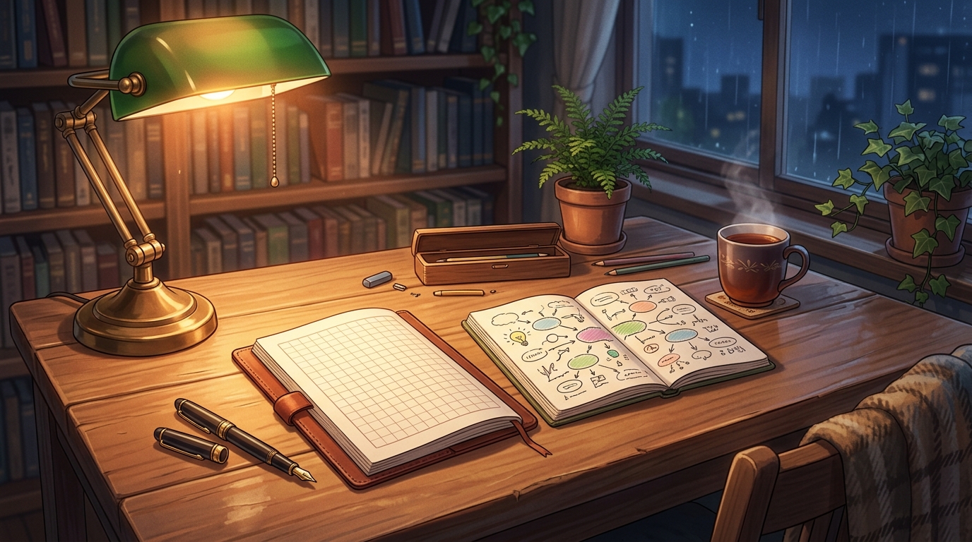 小論文の思考マップと原稿用紙が置かれた机のイラスト