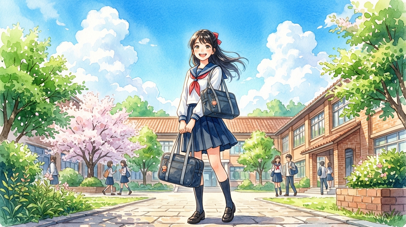 青空の下で看護学部合格へ前向きな笑顔を見せる高校生