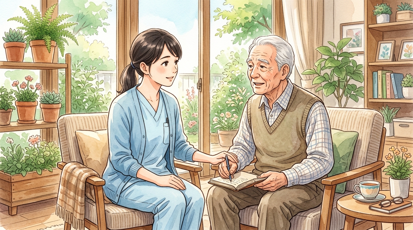 患者と並んで座り温かく対話しながら傾聴する看護師