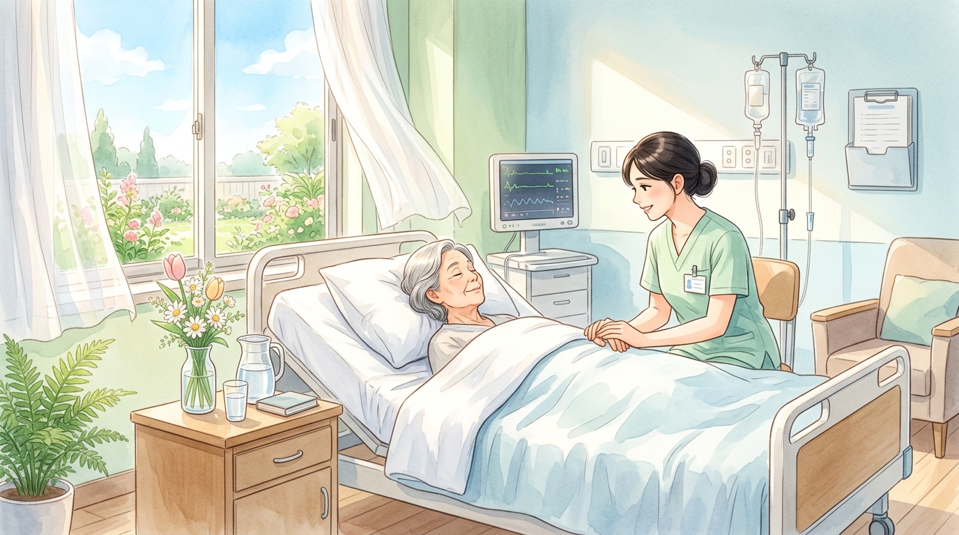 患者に優しく寄り添う看護師と穏やかな病室の風景