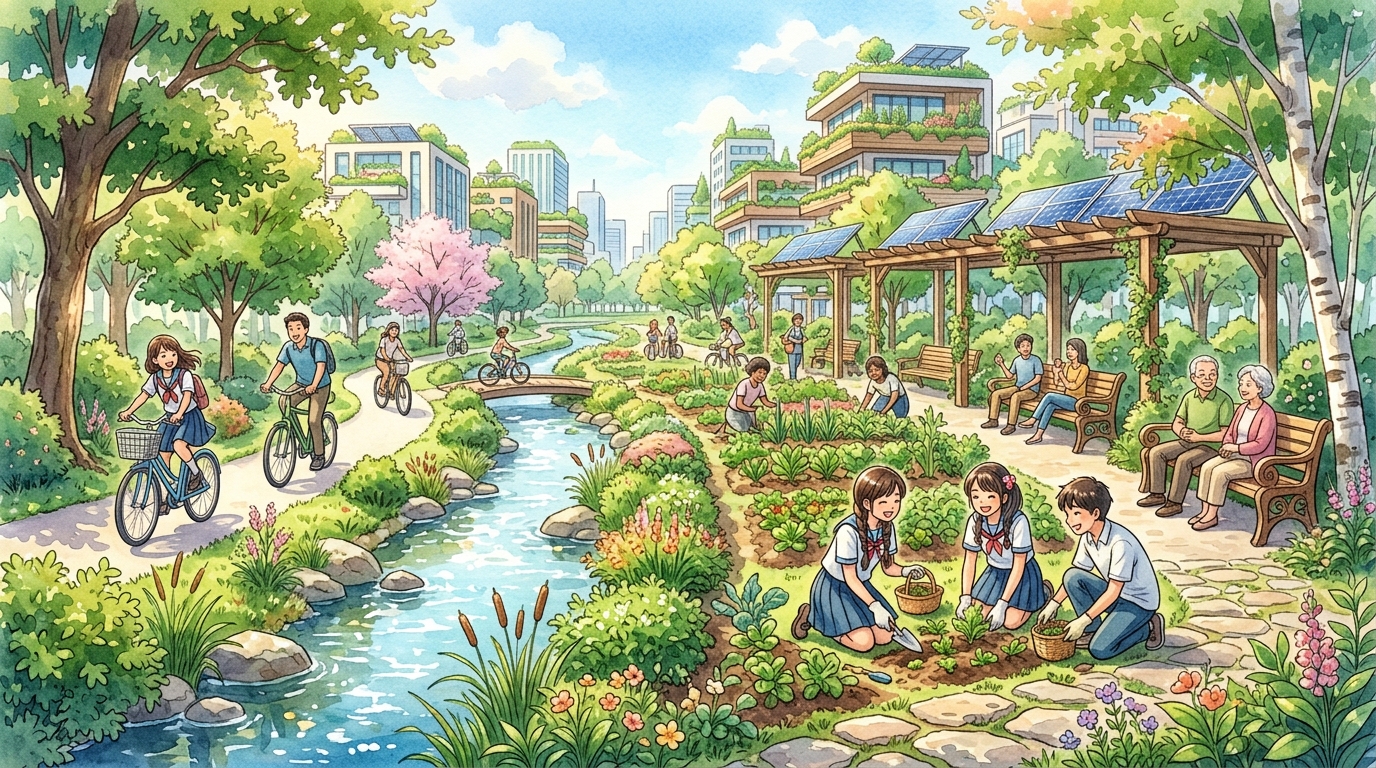 緑豊かなスマートシティの公園で資源循環や菜園を楽しむ市民たち