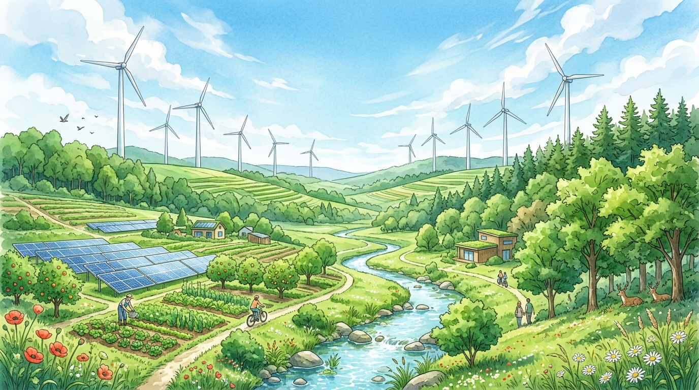 風力発電や太陽光パネルと豊かな自然が美しく調和する未来の風景