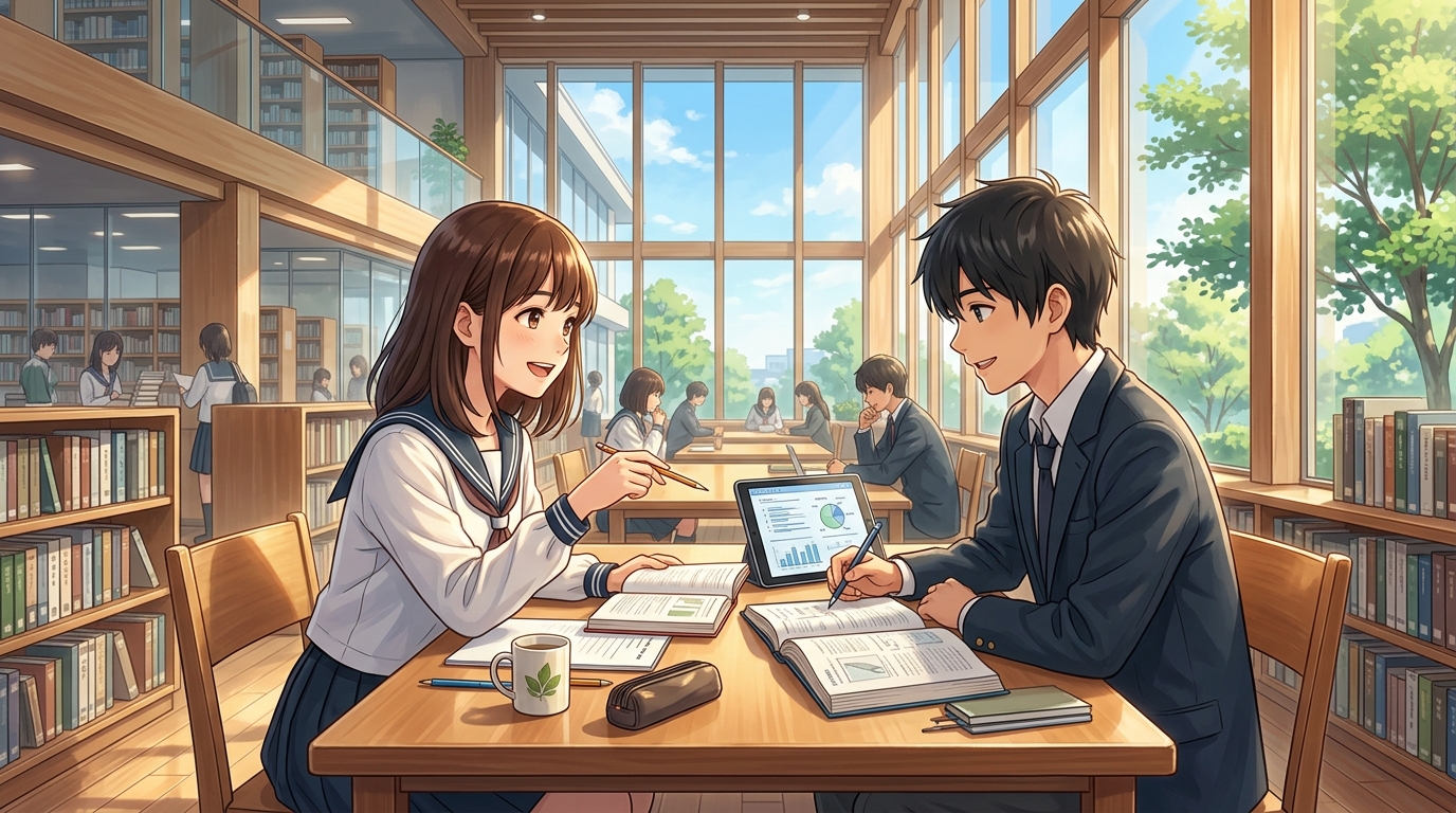 陽光が差し込む明るい図書室で参考書とタブレットを広げて探究的に学ぶ高校生たち