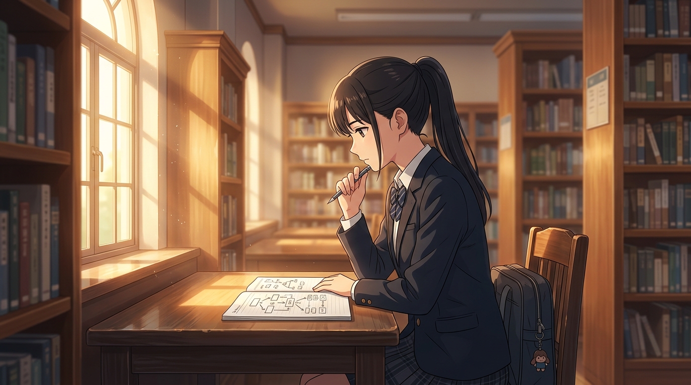 放課後の図書室で教育や社会課題の小論文の4段落構成を真剣に整理する高校生