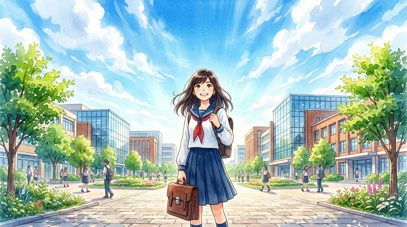 晴れ渡る青空と大学キャンパスを見つめ前向きに微笑む高校生