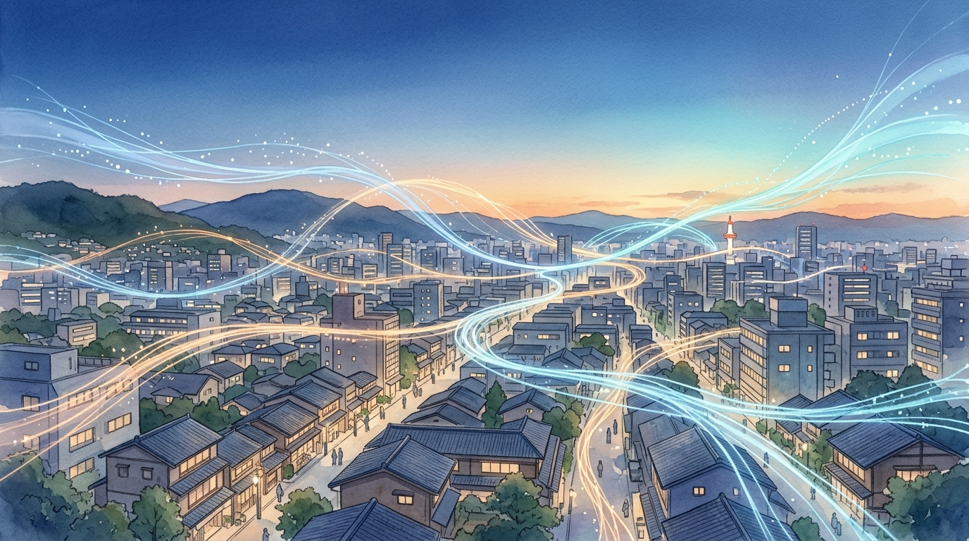 光の粒子とネットワークが夕暮れの街を包む情報社会の風景