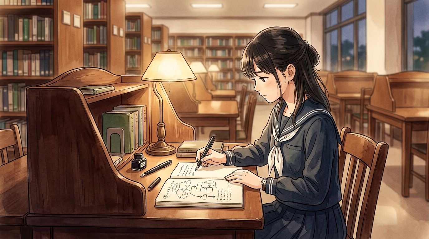 放課後の図書館で情報小論文の4段落構成を論理的に組み立てる高校生