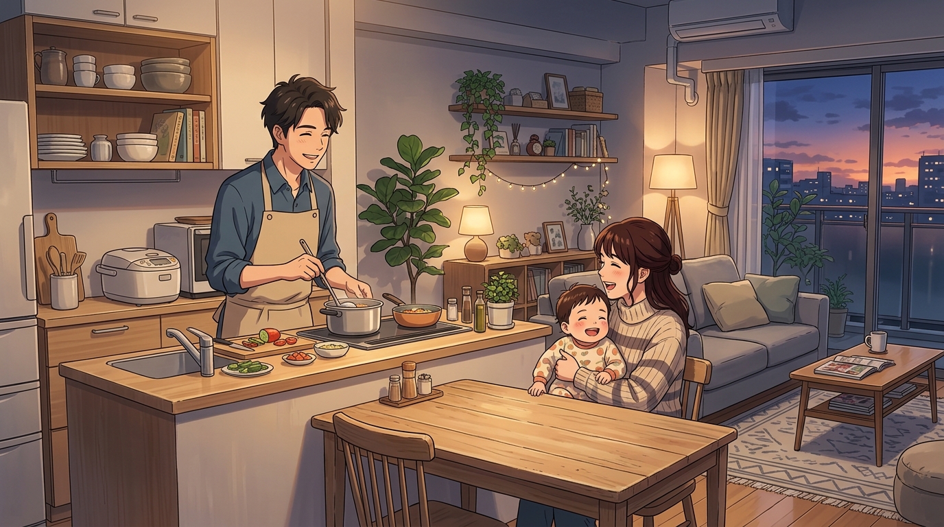 夕暮れの温かいリビングで夫婦が家事と育児を協力し笑顔で対話する情景