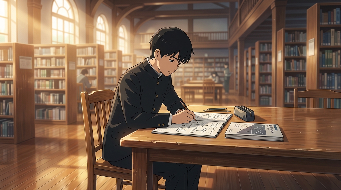 図書室で社会課題や少子化の資料を広げ論理的な4段落構成を練る高校生