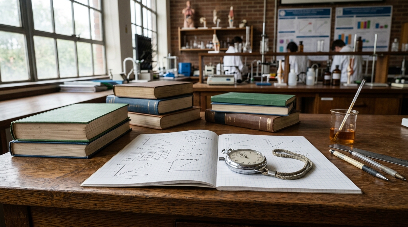 スポーツ科学の研究資料が広がる書斎