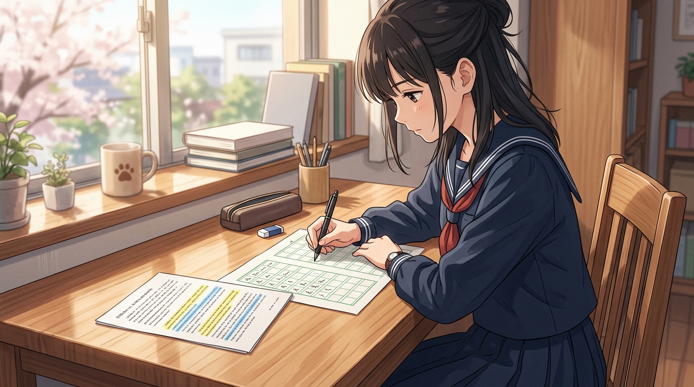 小論文の課題文を読み込み原稿用紙に丁寧に要約を書く女子高生