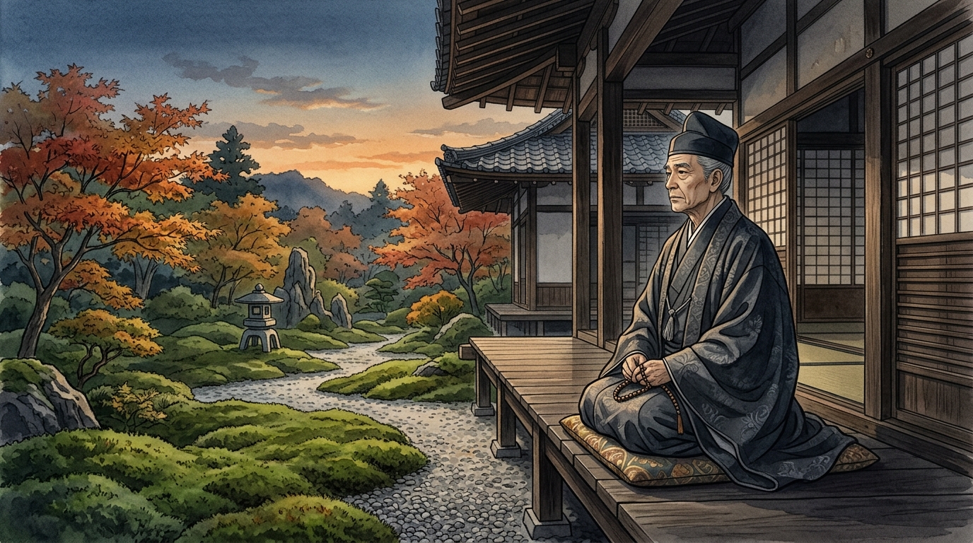墨染めの衣をまとい夕暮れの苔庭を静かに見つめる平安時代の貴族の哀愁ある姿