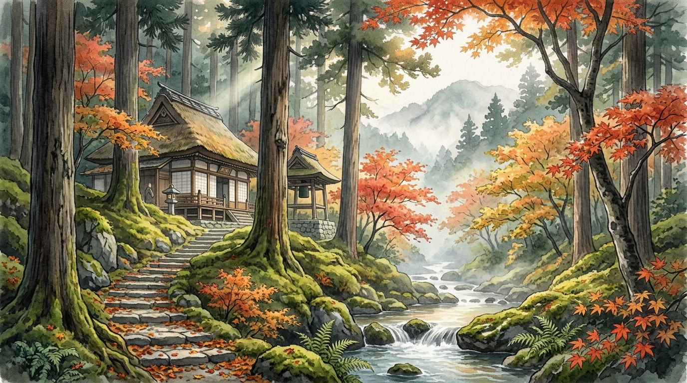 図4: 杉木立と紅葉に囲まれた洛北の静かな山寺と朝霧が立ち込める神聖なパノラマ