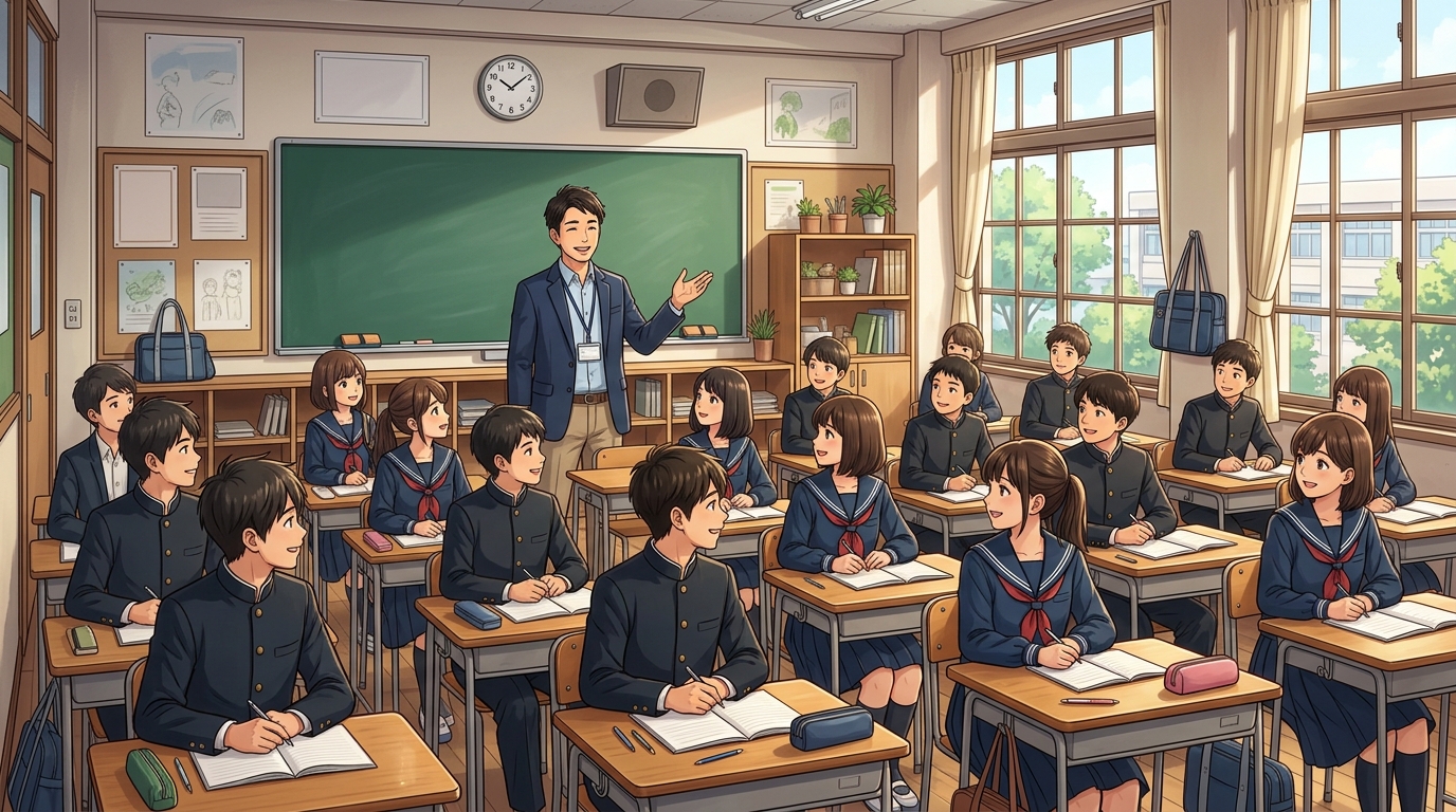 高校の教室でたく先生が古典文法を教える温かい情景イラスト
