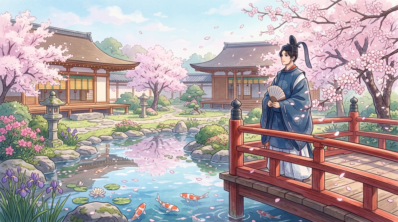 春の桜舞う平安の庭園で願望を胸に抱く貴族のイラスト