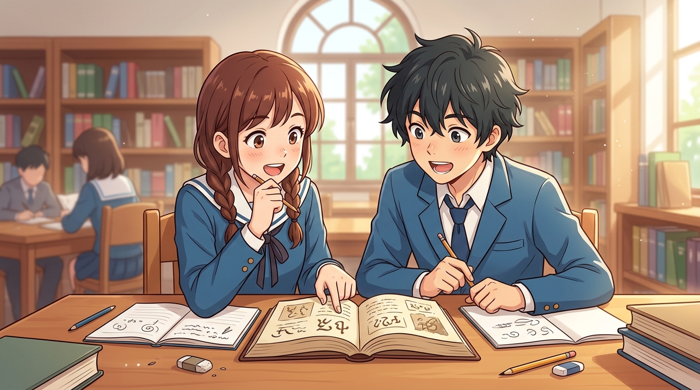 図書室で古文テキストを読み解き笑顔になる高校生のイラスト