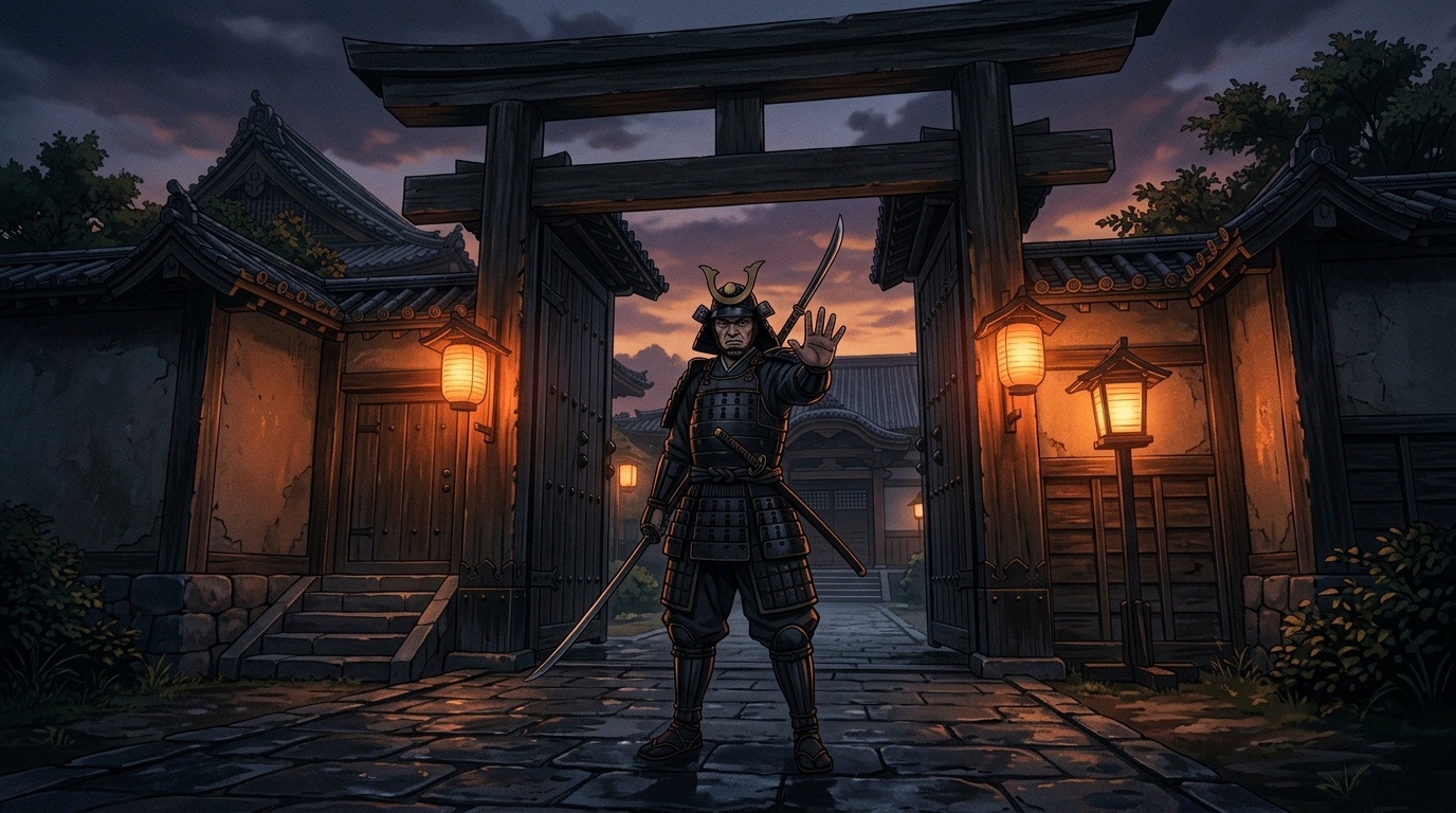 門前で制止をかける武士の凛とした緊張感あるイラスト