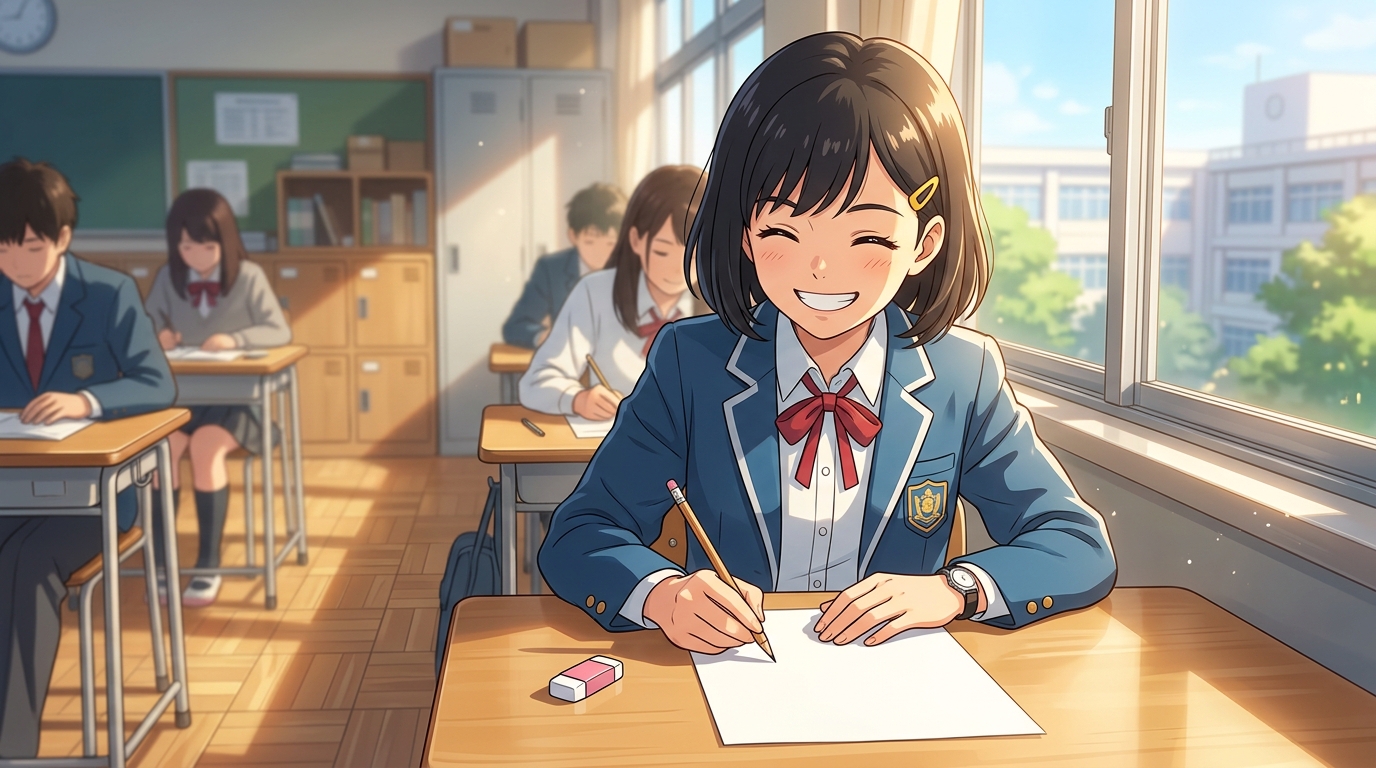 テスト本番で自信に満ちてペンを走らせる女子高生の笑顔のイラスト