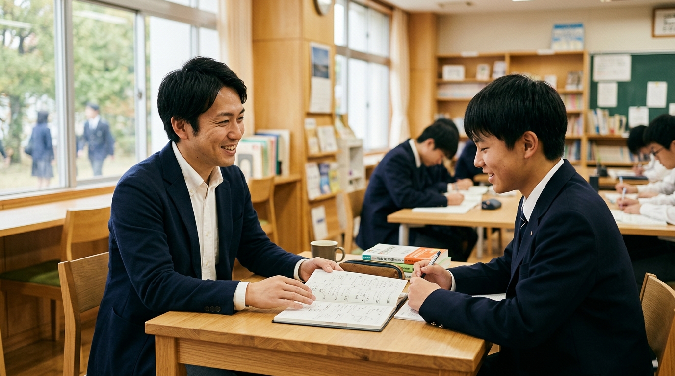 教室でたく先生が生徒の勉強計画ノートを見ながら優しく的確にアドバイスする情景