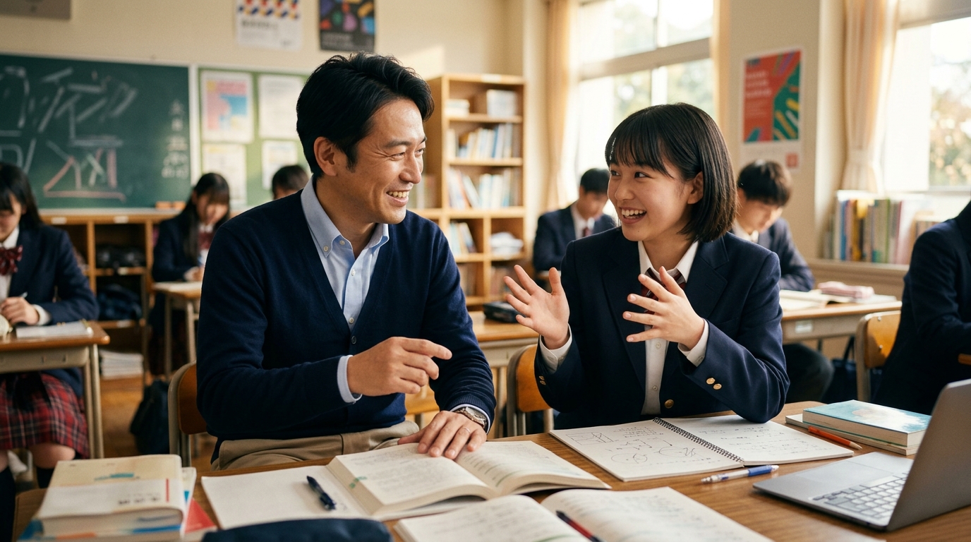 温かい教室でたく先生が生徒に勉強法のコツを教え生徒が生き生きと学ぶ情景