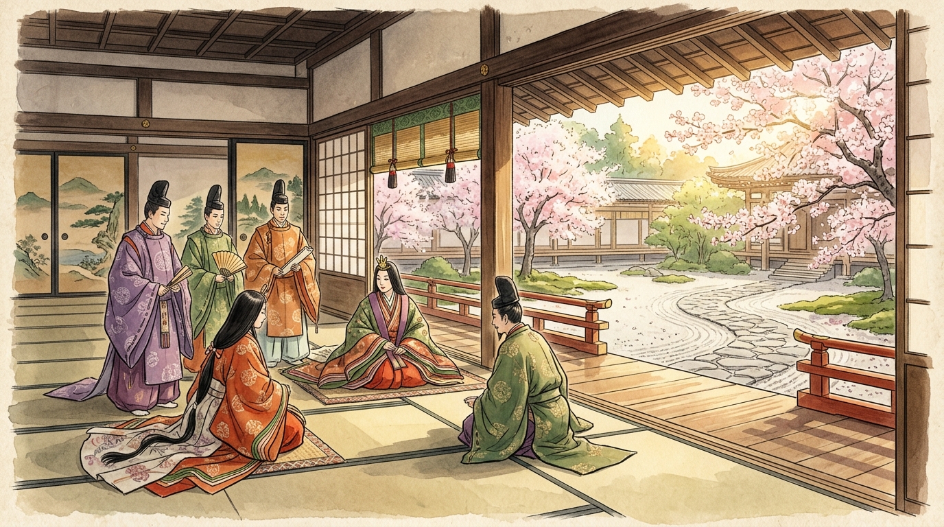平安時代の清涼殿で昇殿を許された殿上人たちの優雅な宮廷風景