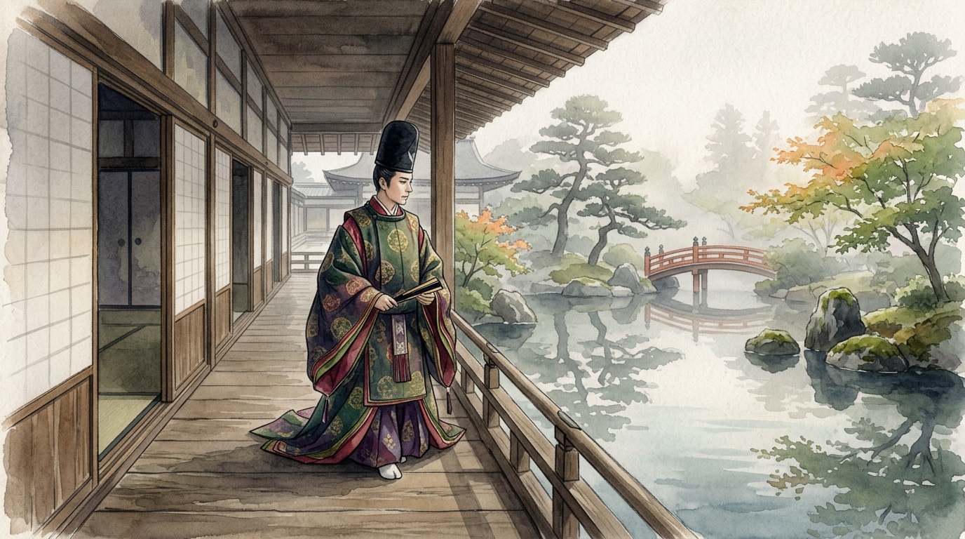 図1: 清涼殿の回廊を歩く平安時代の殿上人と優美な宮廷のイメージ