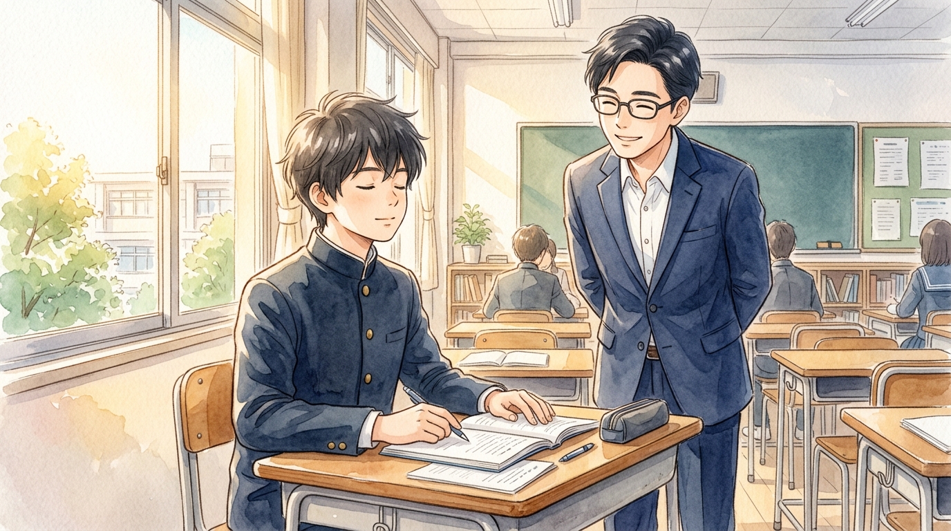 教室で落ち着いてテストに臨む高校生と温かく見守るたく先生の情景水彩画