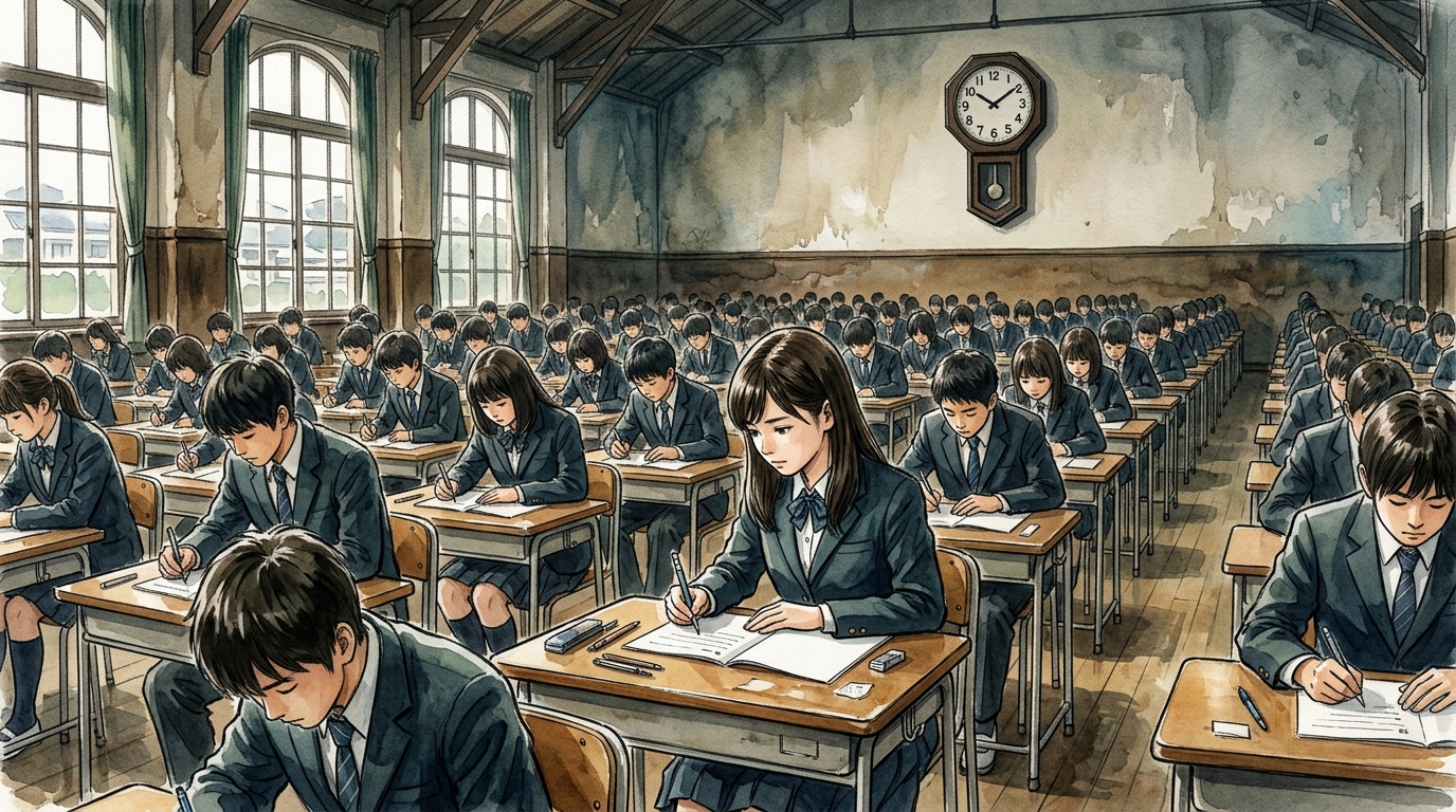 模試会場で本番の緊張感を味方につけて真剣に取り組む情景