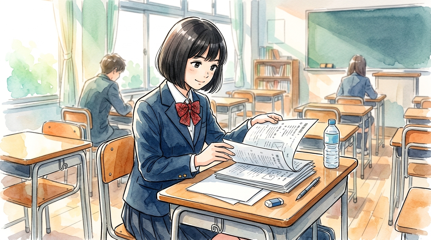 試験開始の合図で焦らず全体を穏やかに見渡す高校生