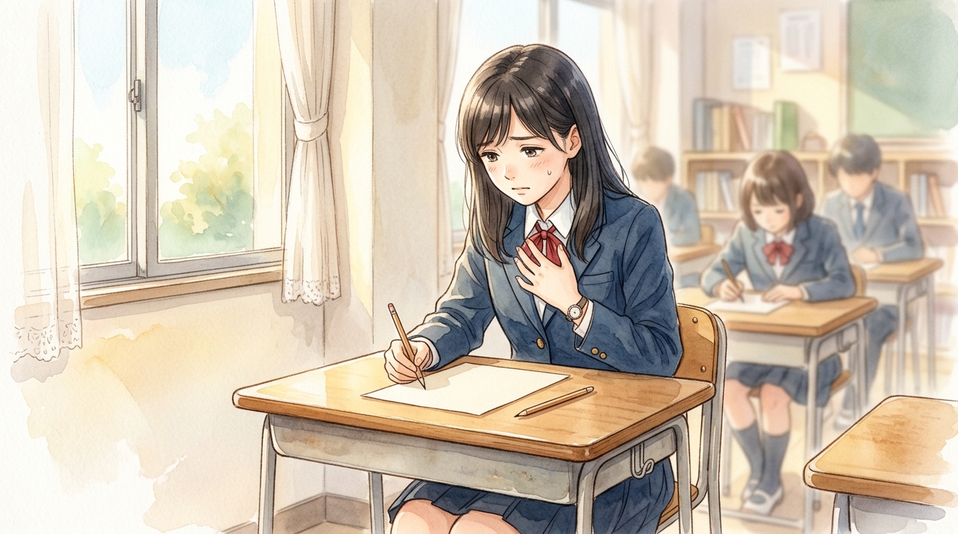 テスト用紙の前で深呼吸し心を整えようとする高校生の姿