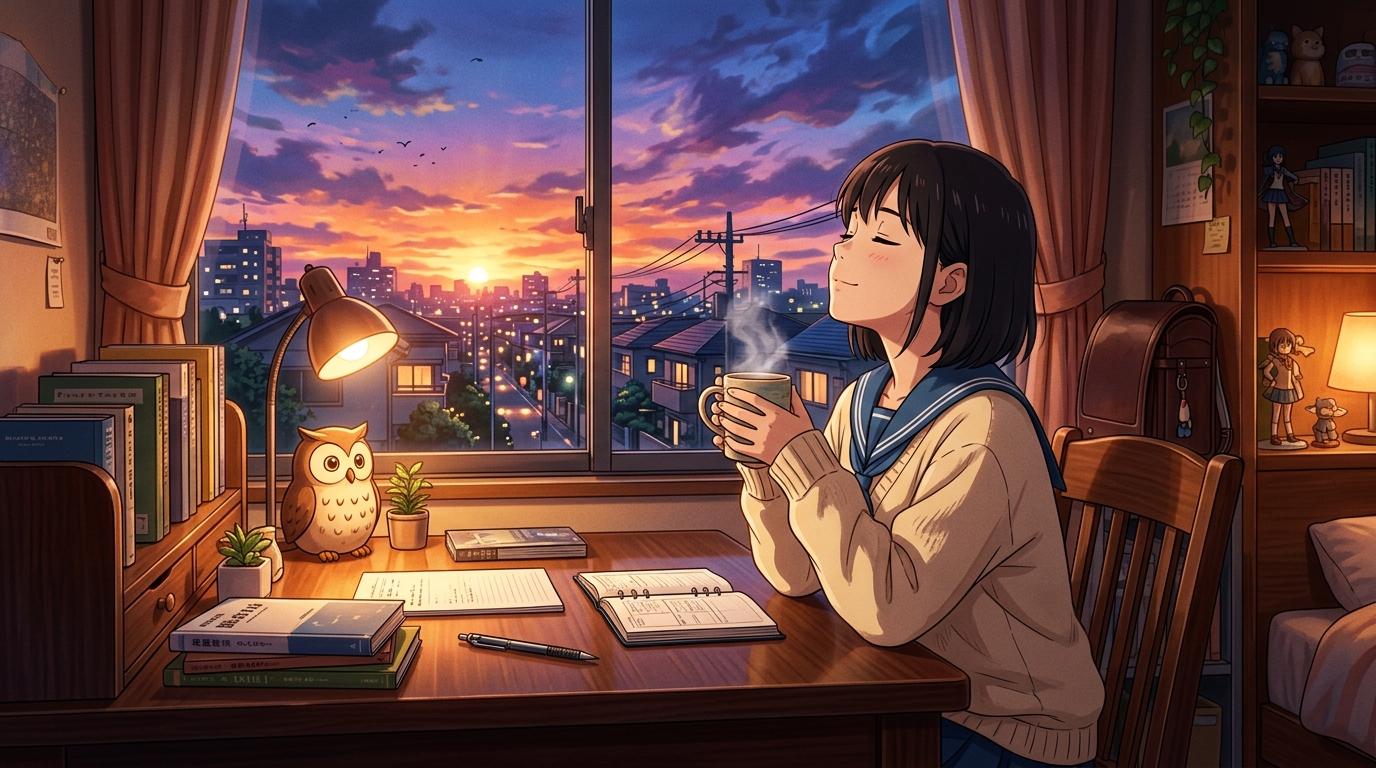 放課後の部活動を終えて夕暮れの部屋で静かに机に突っ伏す男子高校生と開かれたノート