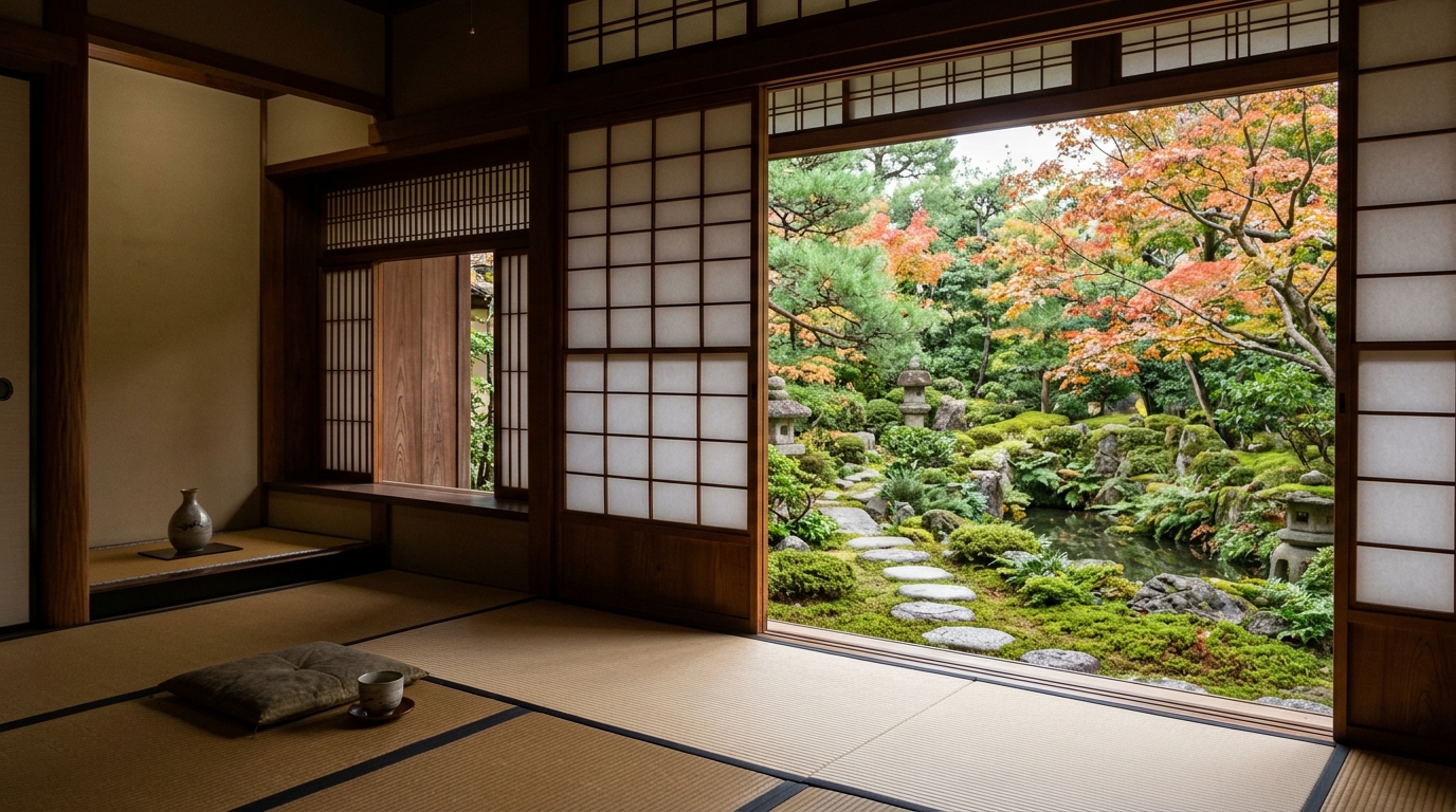 古文のもののあはれを象徴する静寂な日本庭園と和室の情景