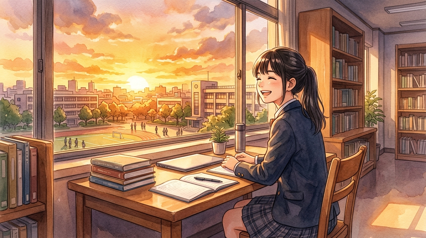 夕暮れの図書館で勉強をやり遂げ達成感に満ちた笑顔で前を向く高校生