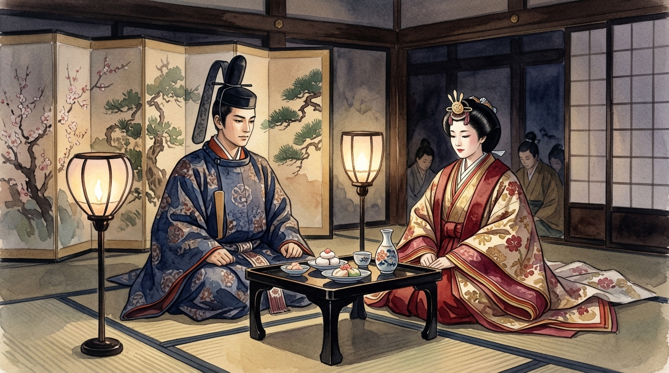 平安時代の三日夜の餅の儀式で祝いの餅を前に厳かに向かい合う新郎新婦