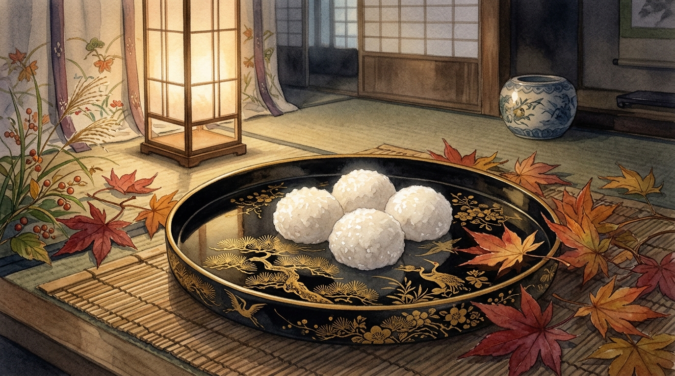 図2: 蒔絵の黒漆盆に美しく盛られた4つの三日夜の餅と紅葉の情景