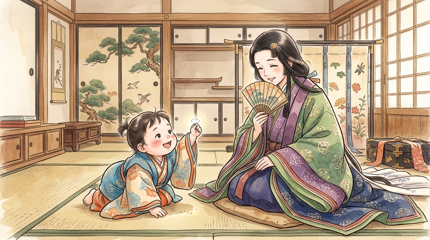 小さなごみを拾って大人に見せる平安時代の愛らしい幼児