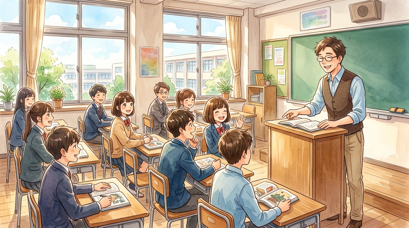 高校の教室で枕草子うつくしきものを学ぶ生徒とたく先生