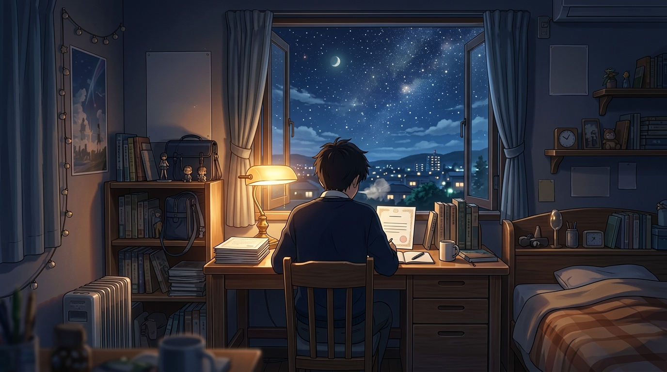 夜の自室の机で合否結果を静かに受け止め深呼吸する受験生の後ろ姿