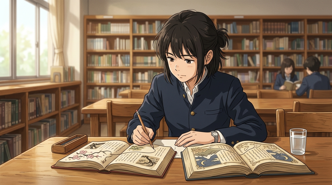 図書館の机で2冊の和歌集を開き縁語や本歌取りのつながりを考察する高校生