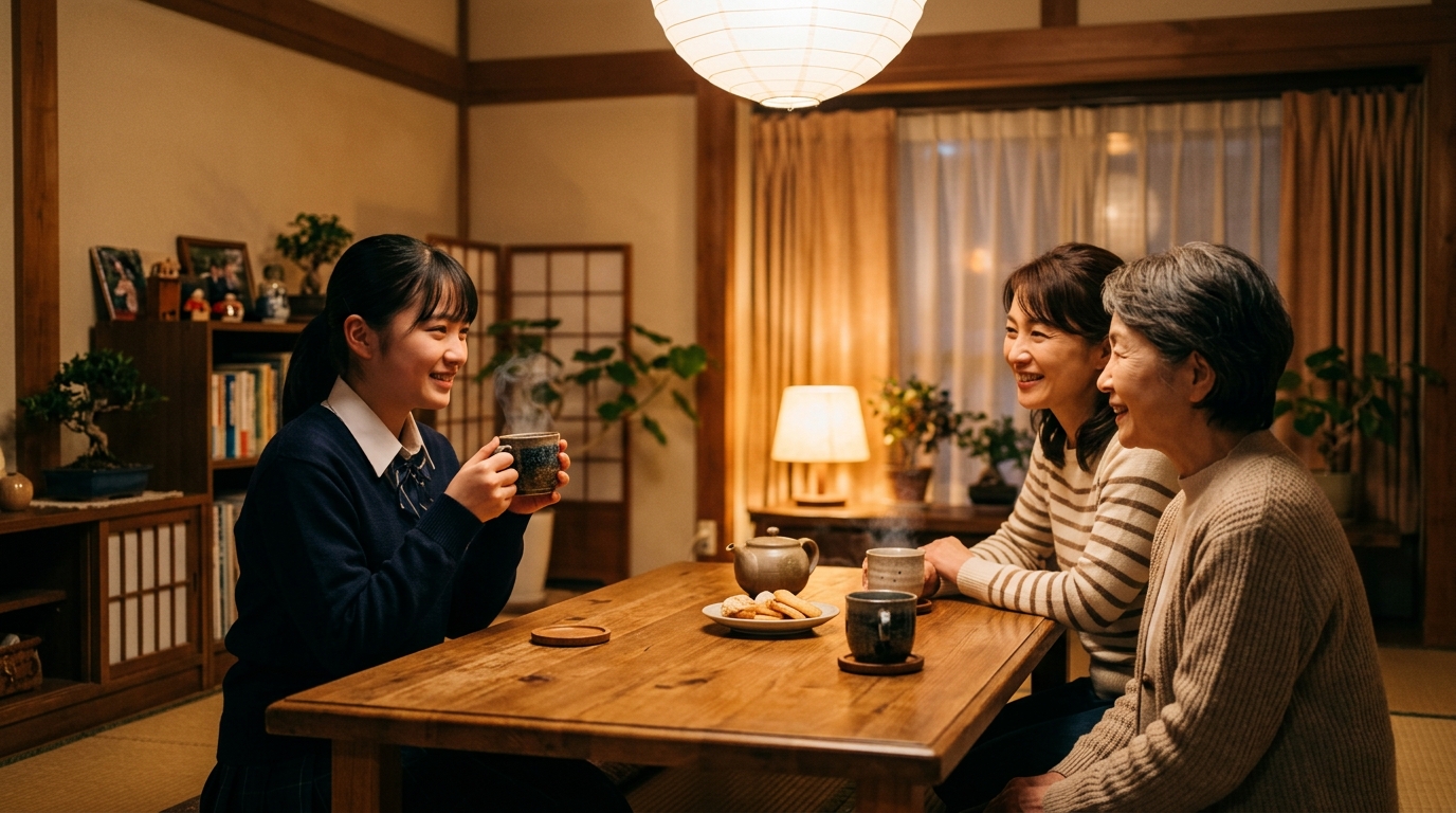 リビングで温かいお茶を飲みながら家族と笑顔で対話し安心感を得る受験生