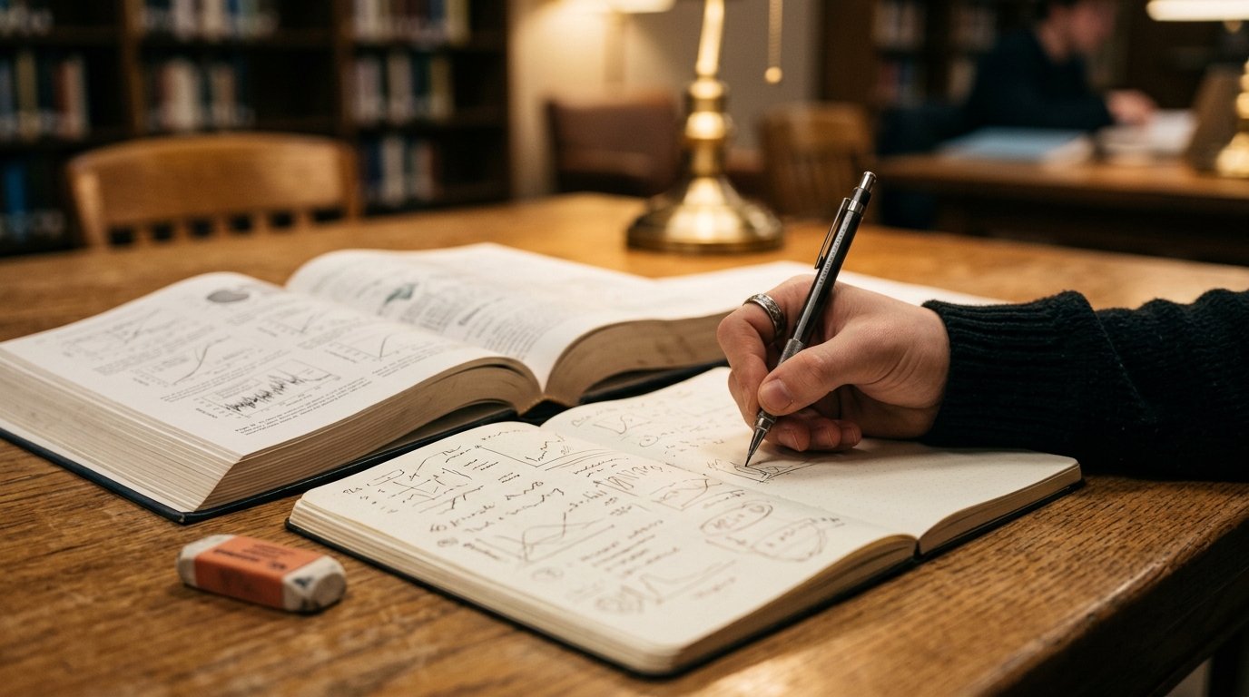 机に向かいノートと参考書を開いて漢字の書き取りと復習を行う高校生の手元