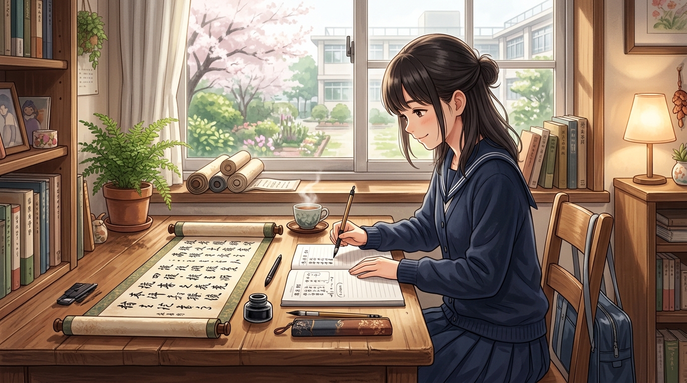 古文の用言と活用を学ぶ高校生の勉強机の情景