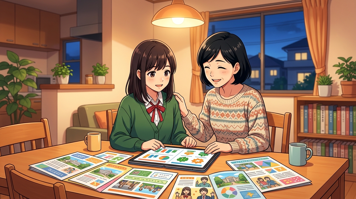 明るいリビングで母と娘がタブレットを見ながら進路と費用を相談するイメージ